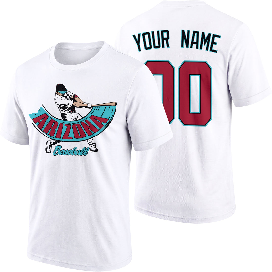 Arizona personalized adult baseball batter T shirt in Black showing front and back with custom name and number