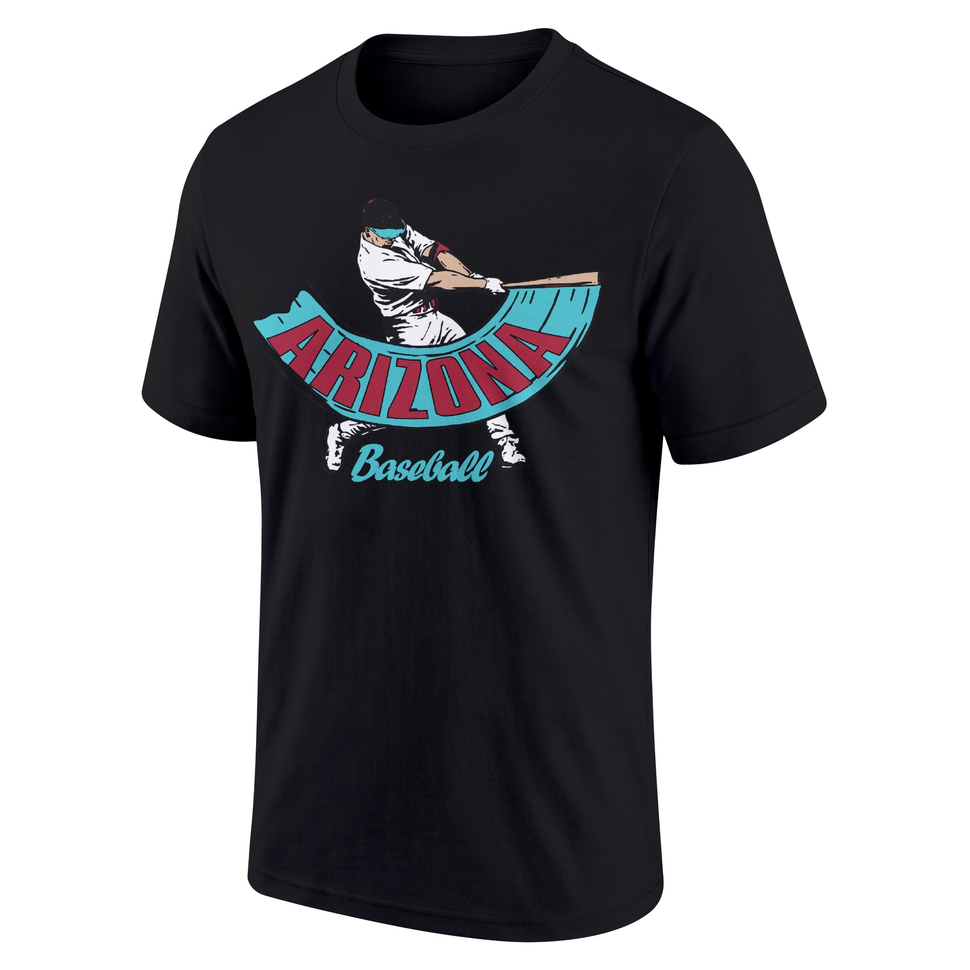Arizona Black adult baseball T shirt front view with city lettering baseball batter illustration and Baseball script