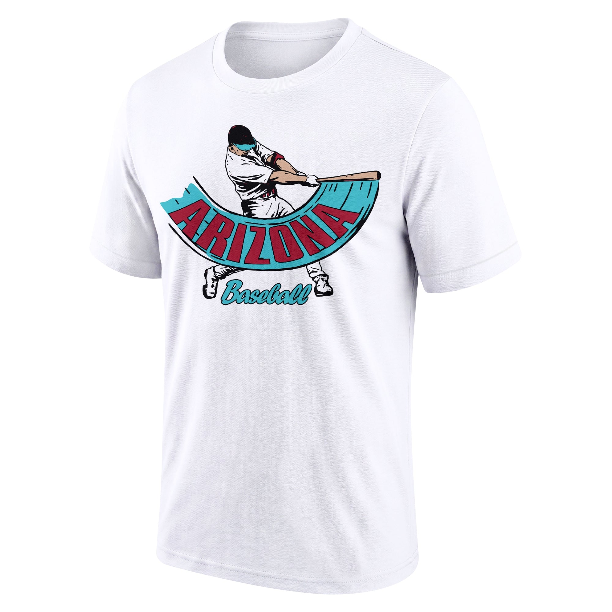 Arizona White adult baseball T shirt front view with city lettering baseball batter illustration and Baseball script