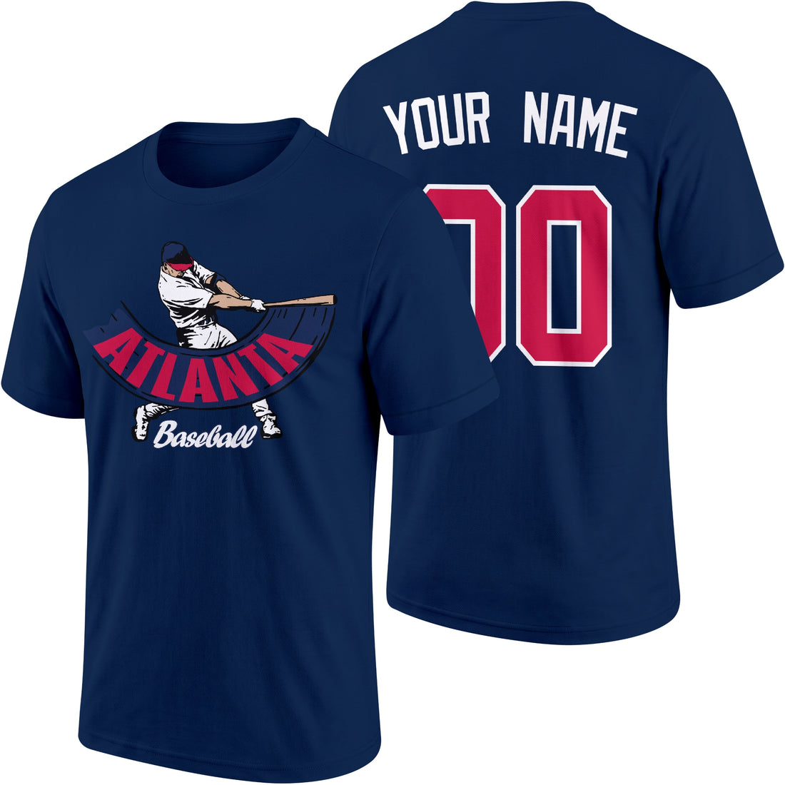 Atlanta personalized adult baseball batter T shirt in Navy showing front and back with custom name and number