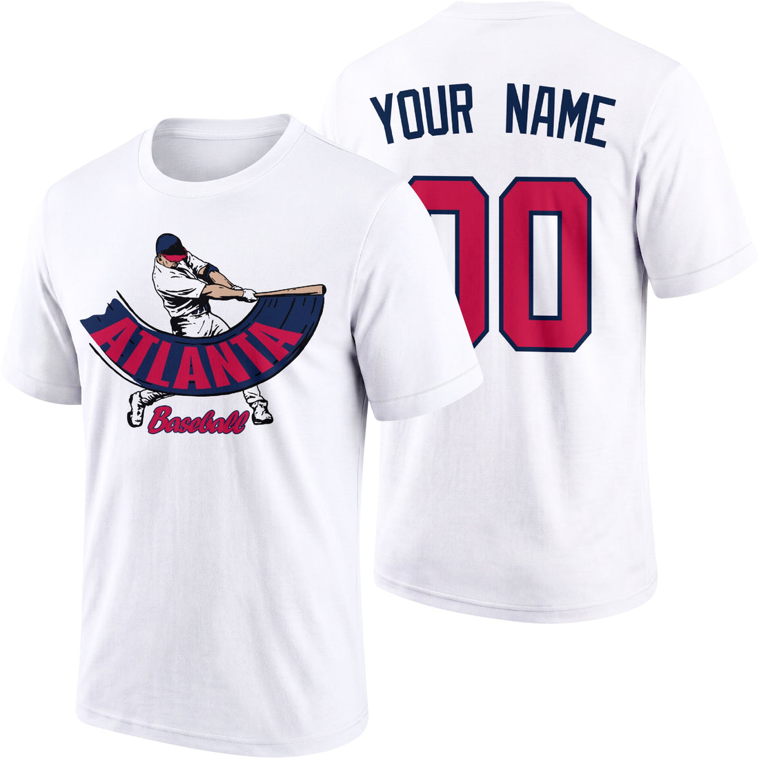Atlanta personalized adult baseball batter T shirt in Navy showing front and back with custom name and number