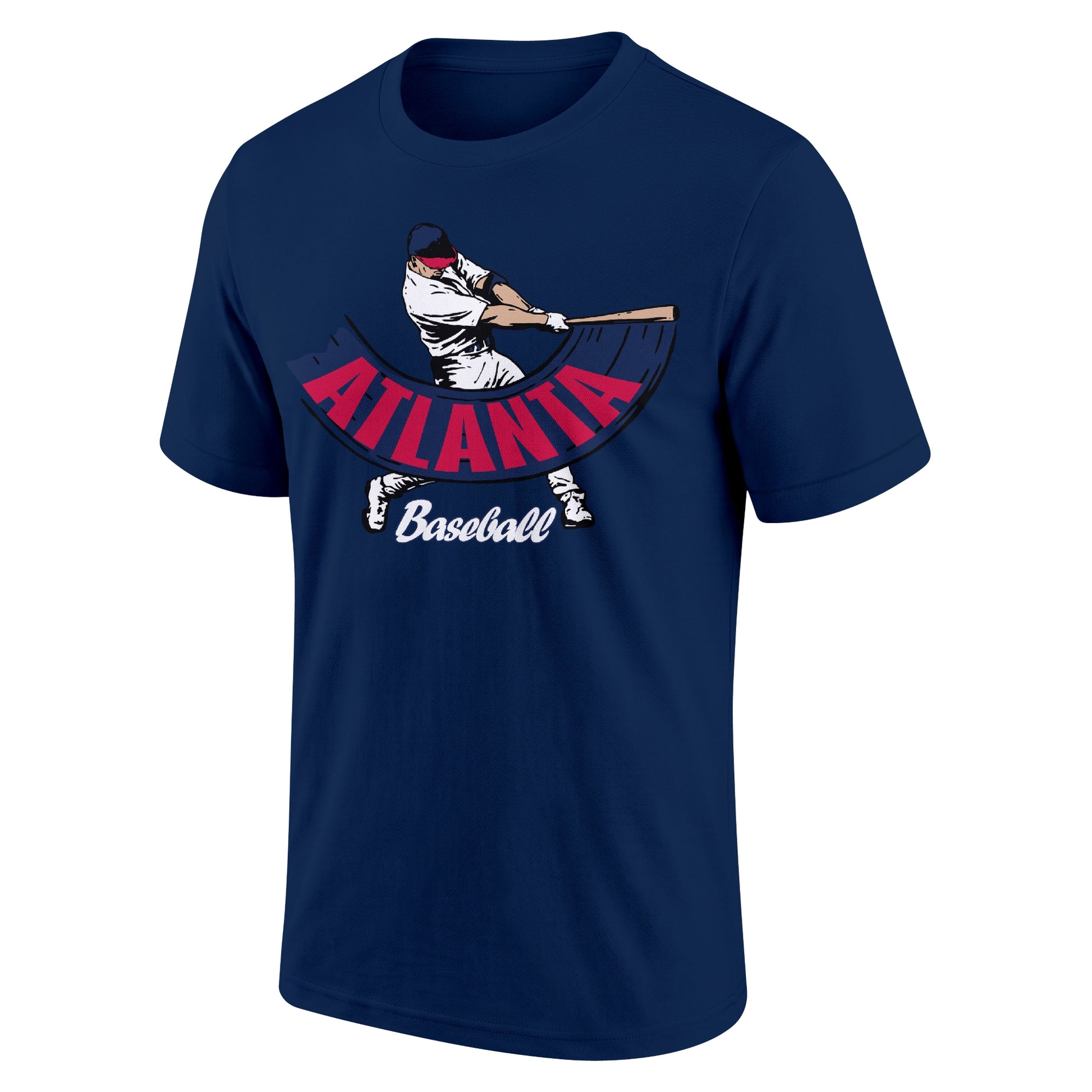 Atlanta Navy adult baseball T shirt front view with city lettering baseball batter illustration and Baseball script