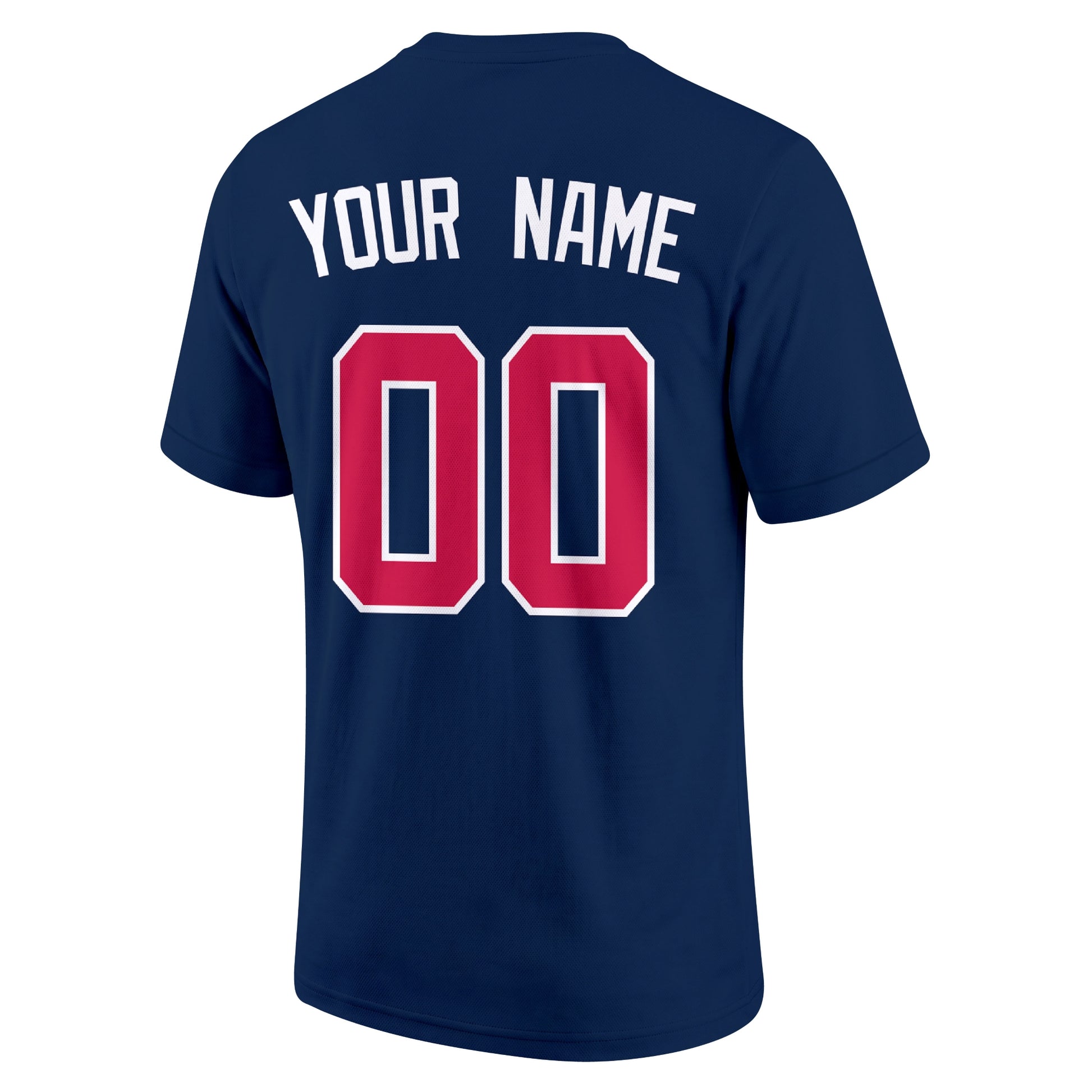 Atlanta Navy adult baseball T shirt back view with customizable name and large jersey style number