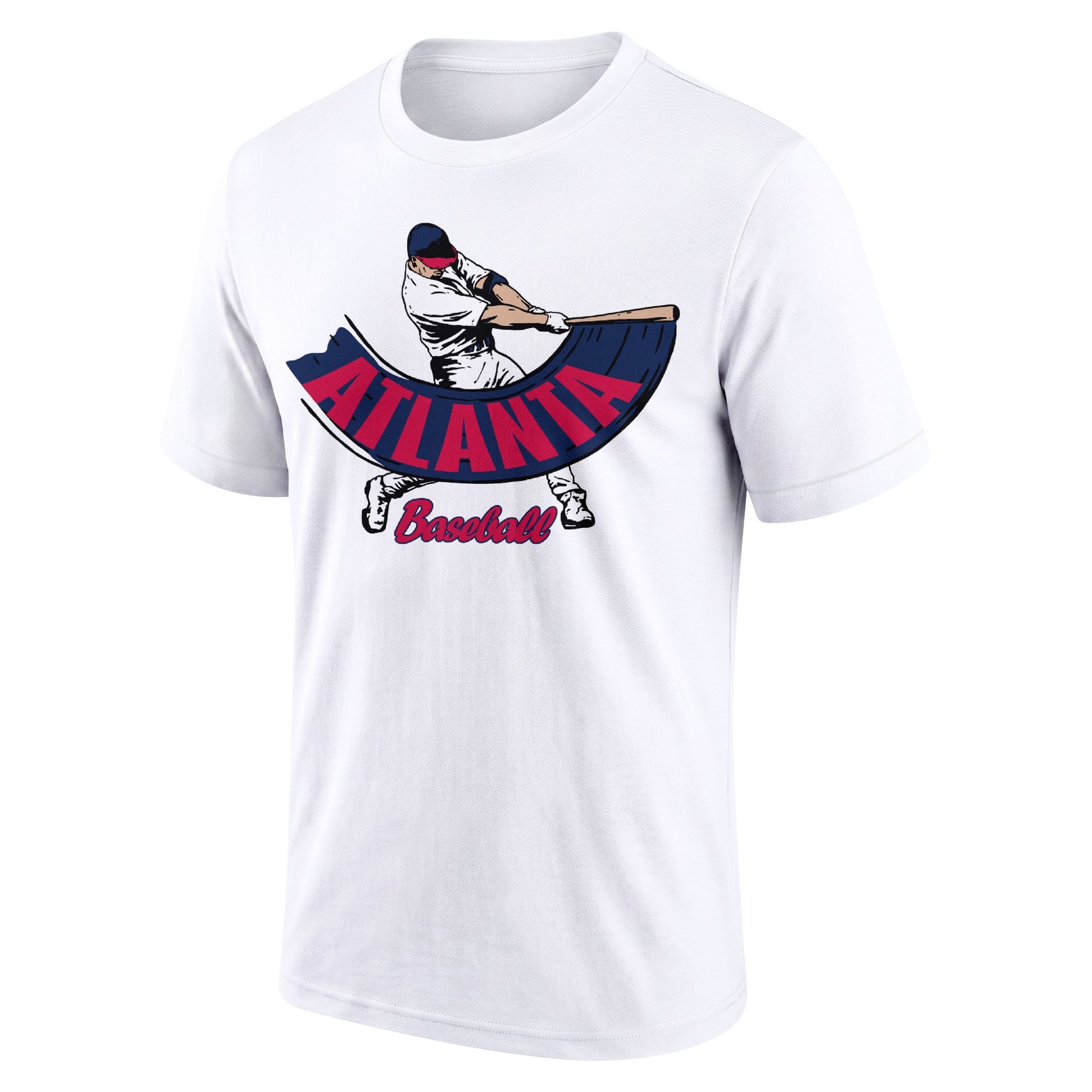 Atlanta White adult baseball T shirt front view with city lettering baseball batter illustration and Baseball script