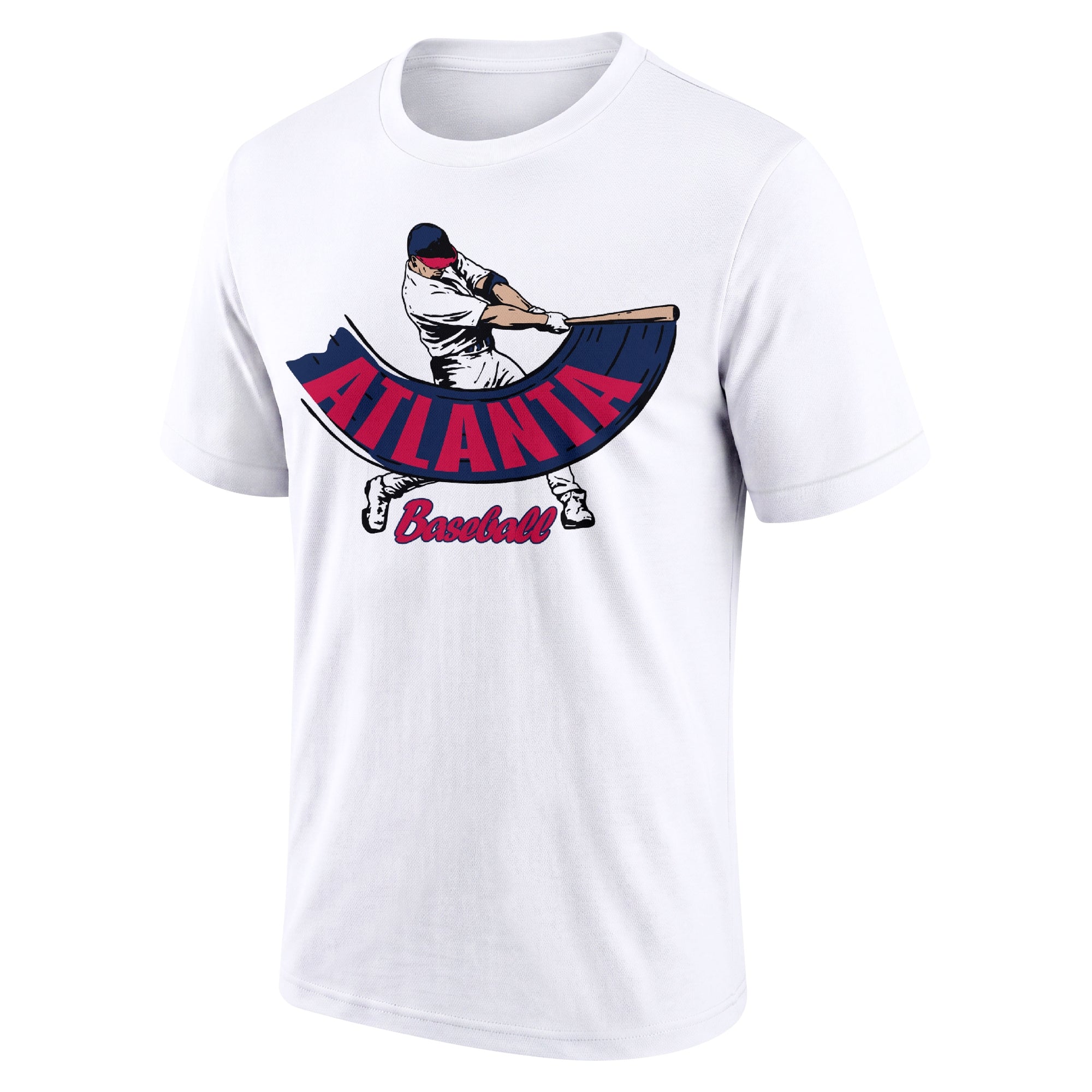 Atlanta White adult baseball T shirt front view with city lettering baseball batter illustration and Baseball script