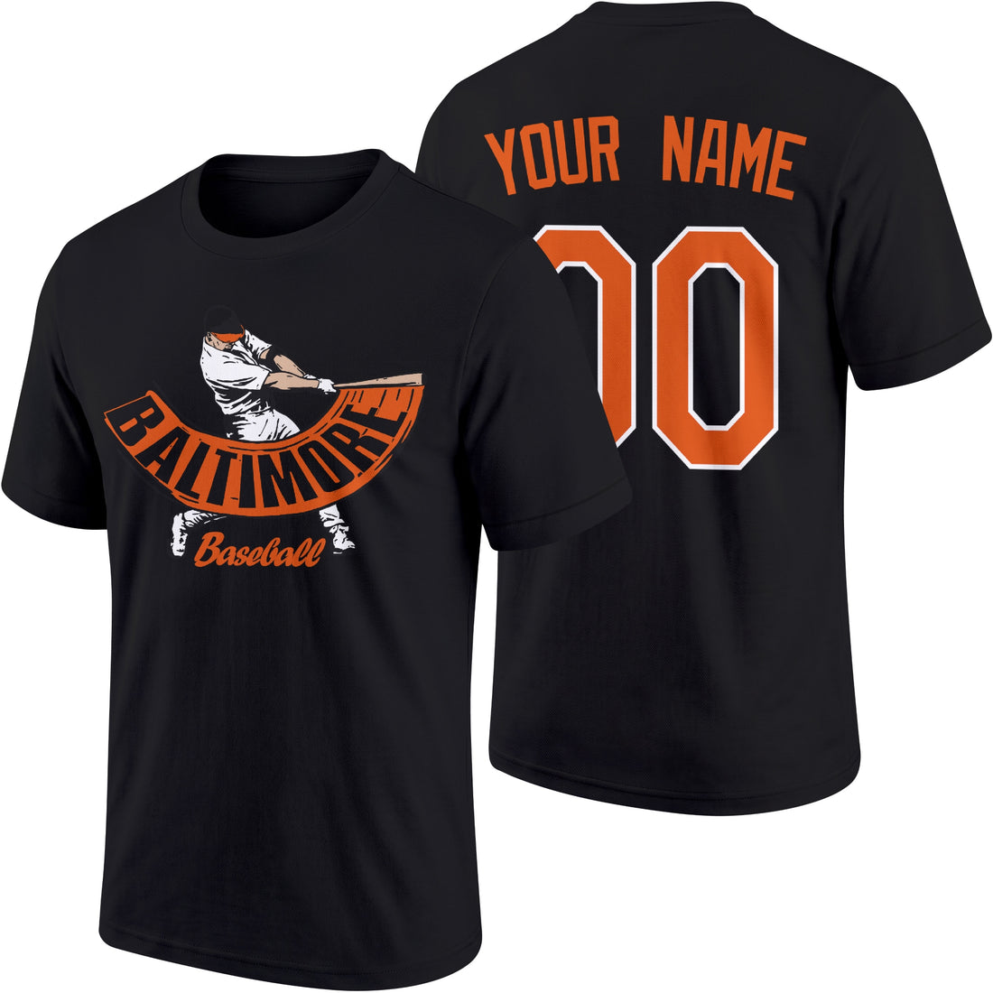 Baltimore personalized adult baseball batter T shirt in Black showing front and back with custom name and number