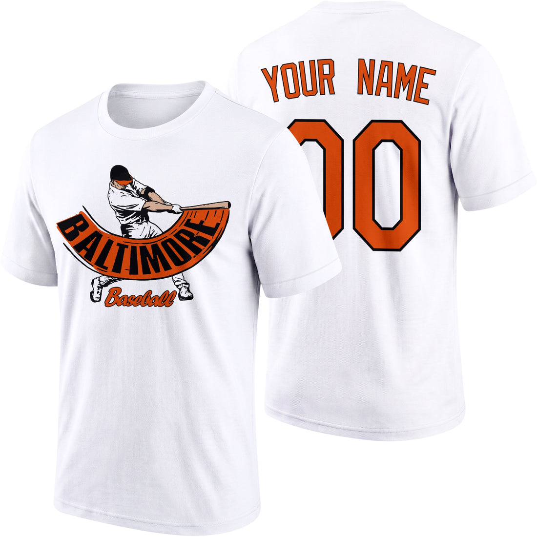 Baltimore personalized adult baseball batter T shirt in Black showing front and back with custom name and number