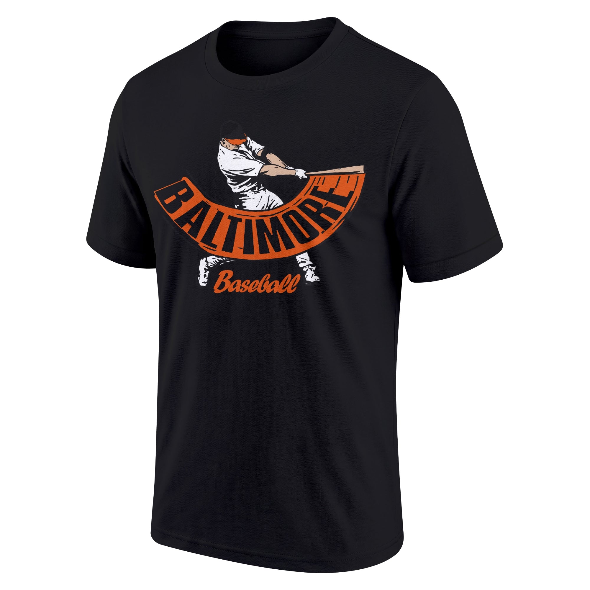 Baltimore Black adult baseball T shirt front view with city lettering baseball batter illustration and Baseball script