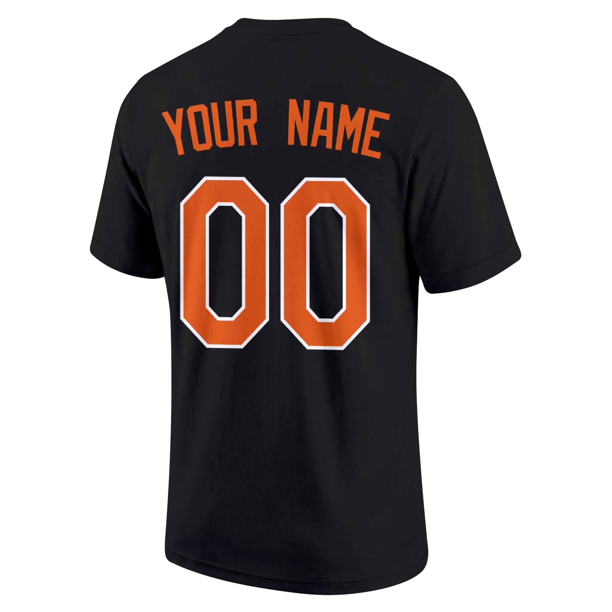 Baltimore Black adult baseball T shirt back view with customizable name and large jersey style number