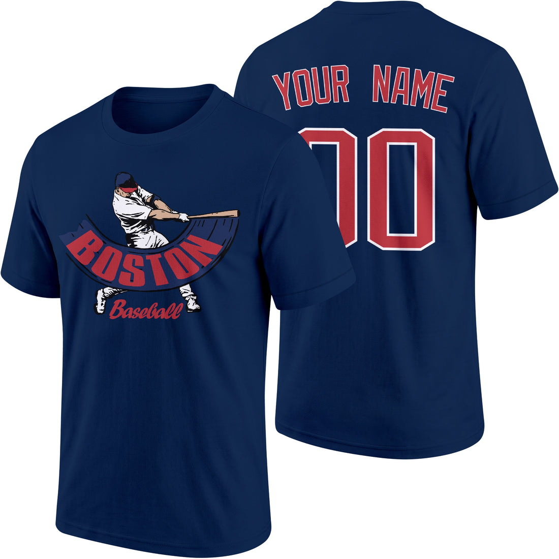 Boston personalized adult baseball batter T shirt in Navy showing front and back with custom name and number