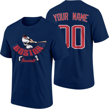 Boston personalized adult baseball batter T shirt in Navy showing front and back with custom name and number