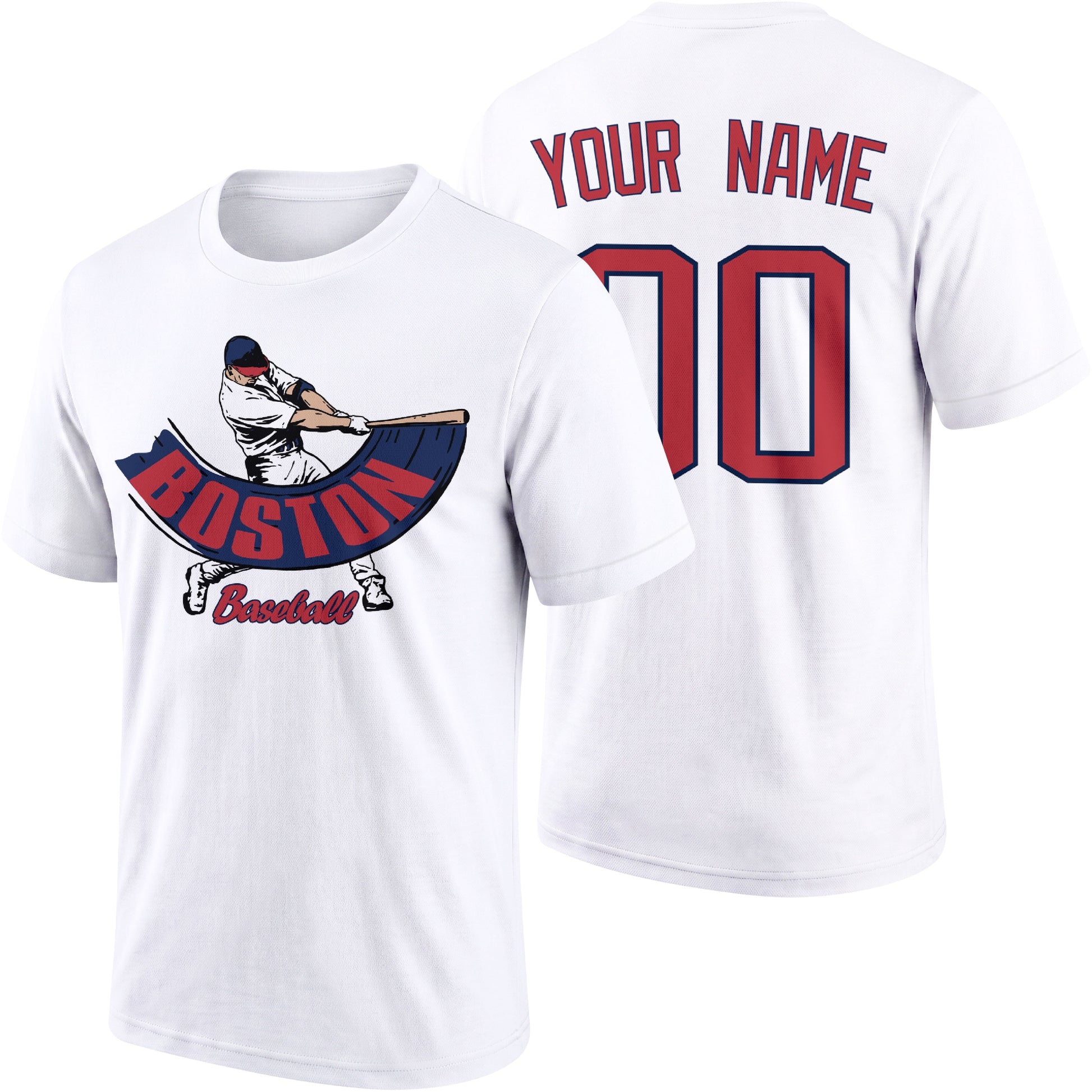 Boston personalized adult baseball batter T shirt in White showing front and back with custom name and number