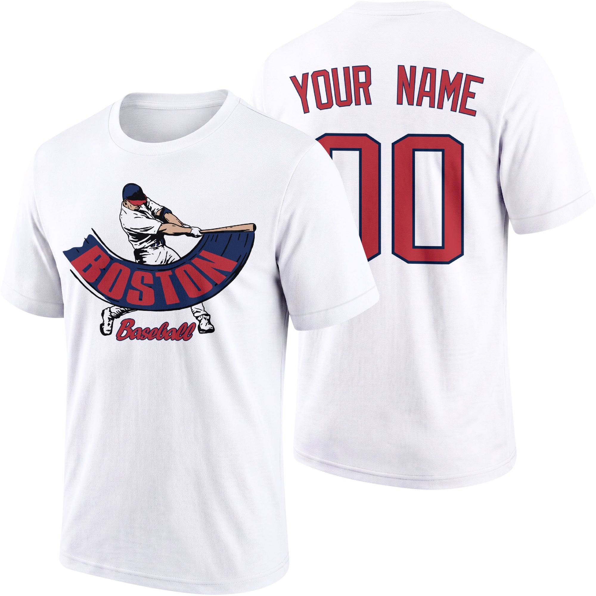 Boston personalized adult baseball batter T shirt in White showing front and back with custom name and number