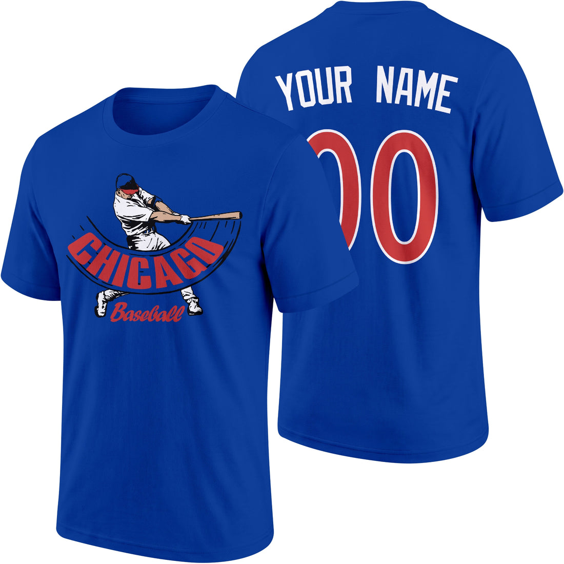 Chicago Blue personalized adult baseball batter T shirt in Royal showing front and back with custom name and number