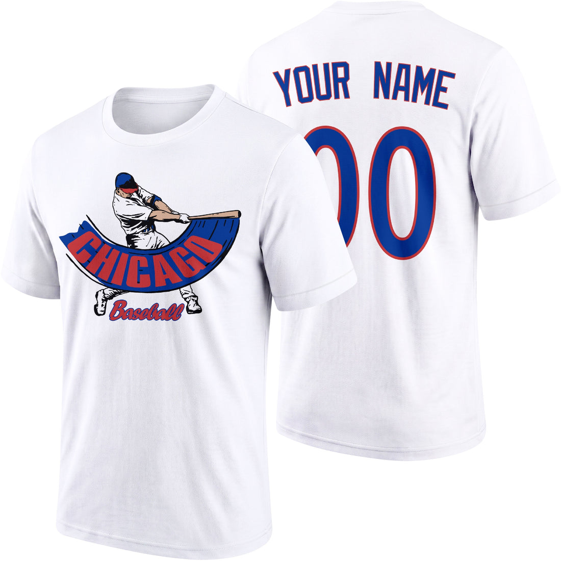 Chicago Blue personalized adult baseball batter T shirt in Royal showing front and back with custom name and number