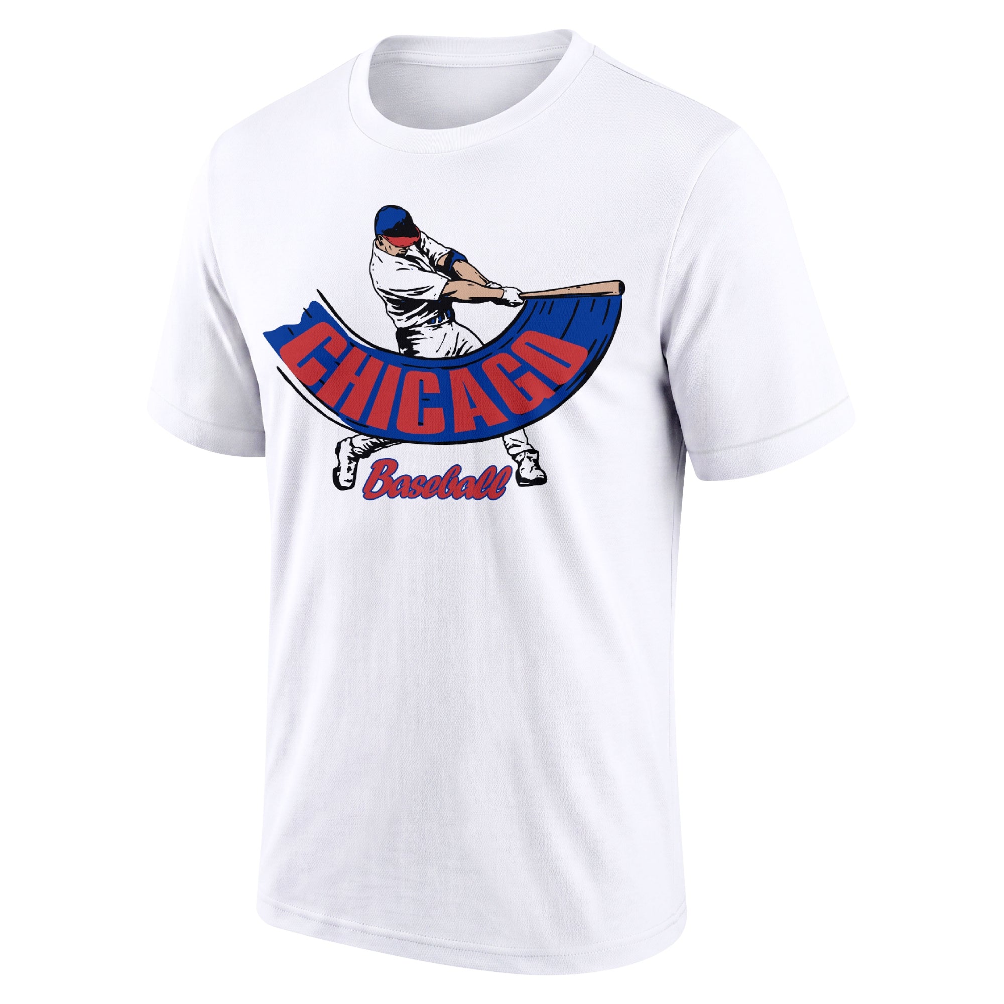 Chicago Blue White adult baseball T shirt front view with city lettering baseball batter illustration and Baseball script