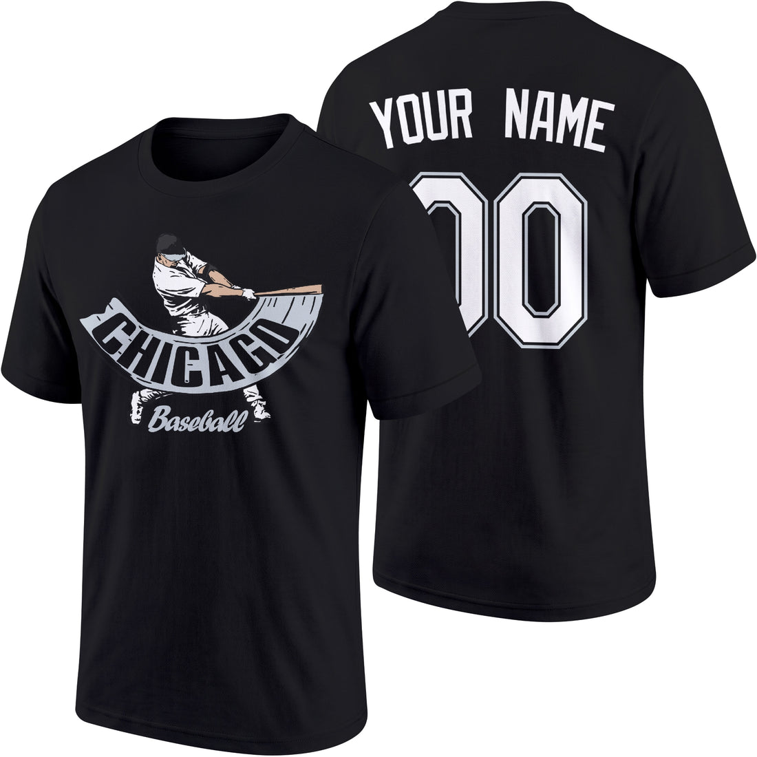 Chicago Black personalized adult baseball batter T shirt in Black showing front and back with custom name and number