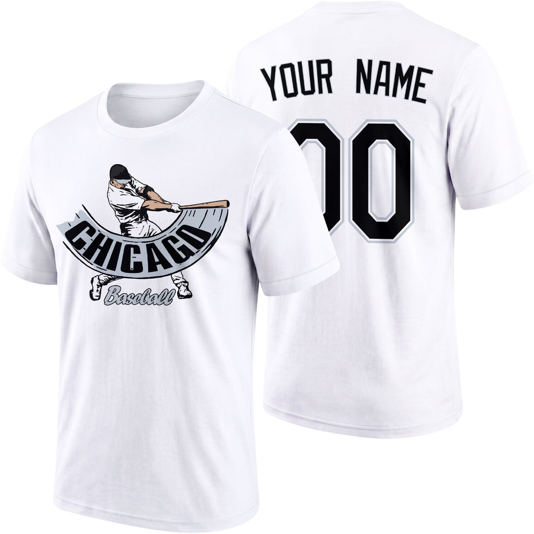 Chicago Black personalized adult baseball batter T shirt in Black showing front and back with custom name and number
