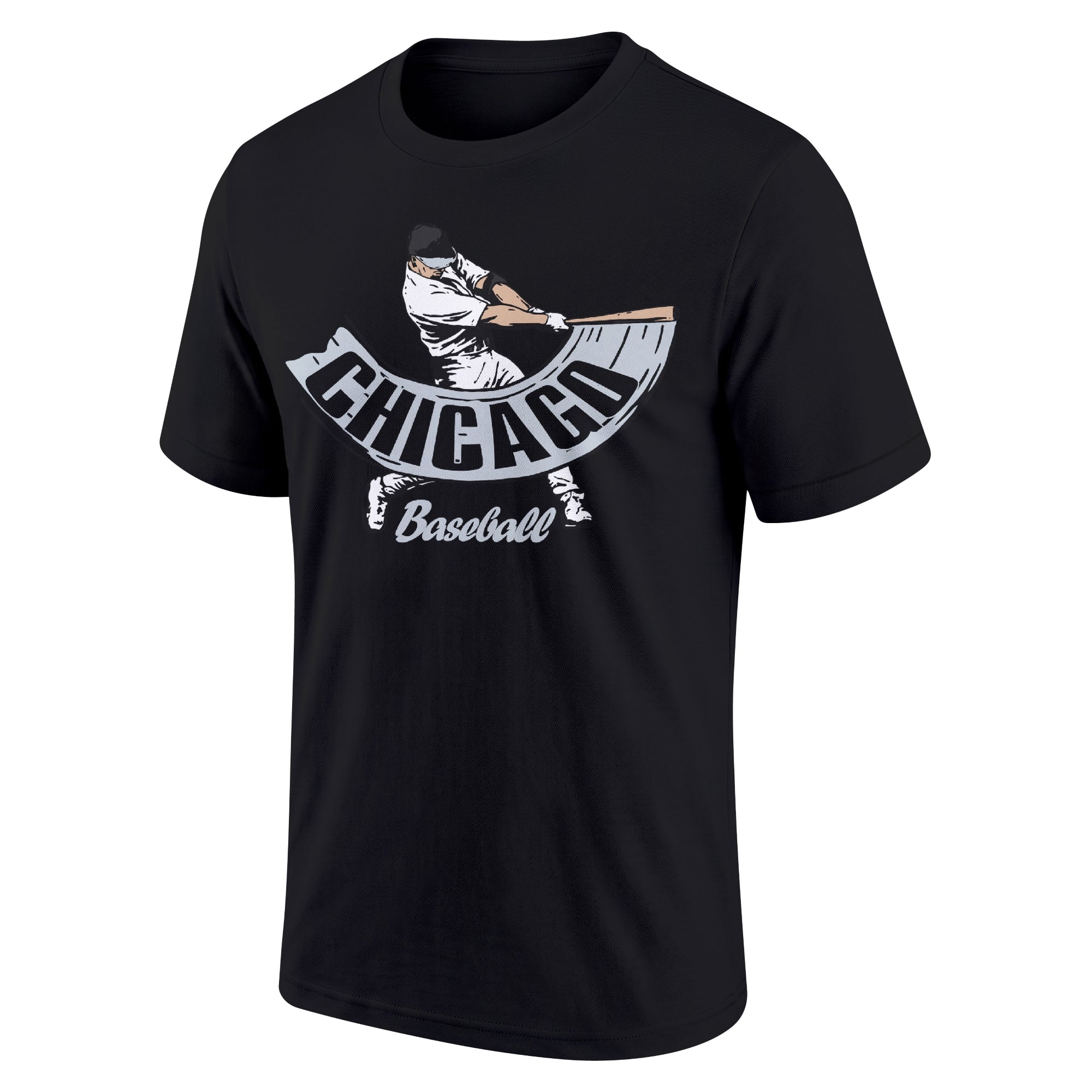 Chicago Black Black adult baseball T shirt front view with city lettering baseball batter illustration and Baseball script