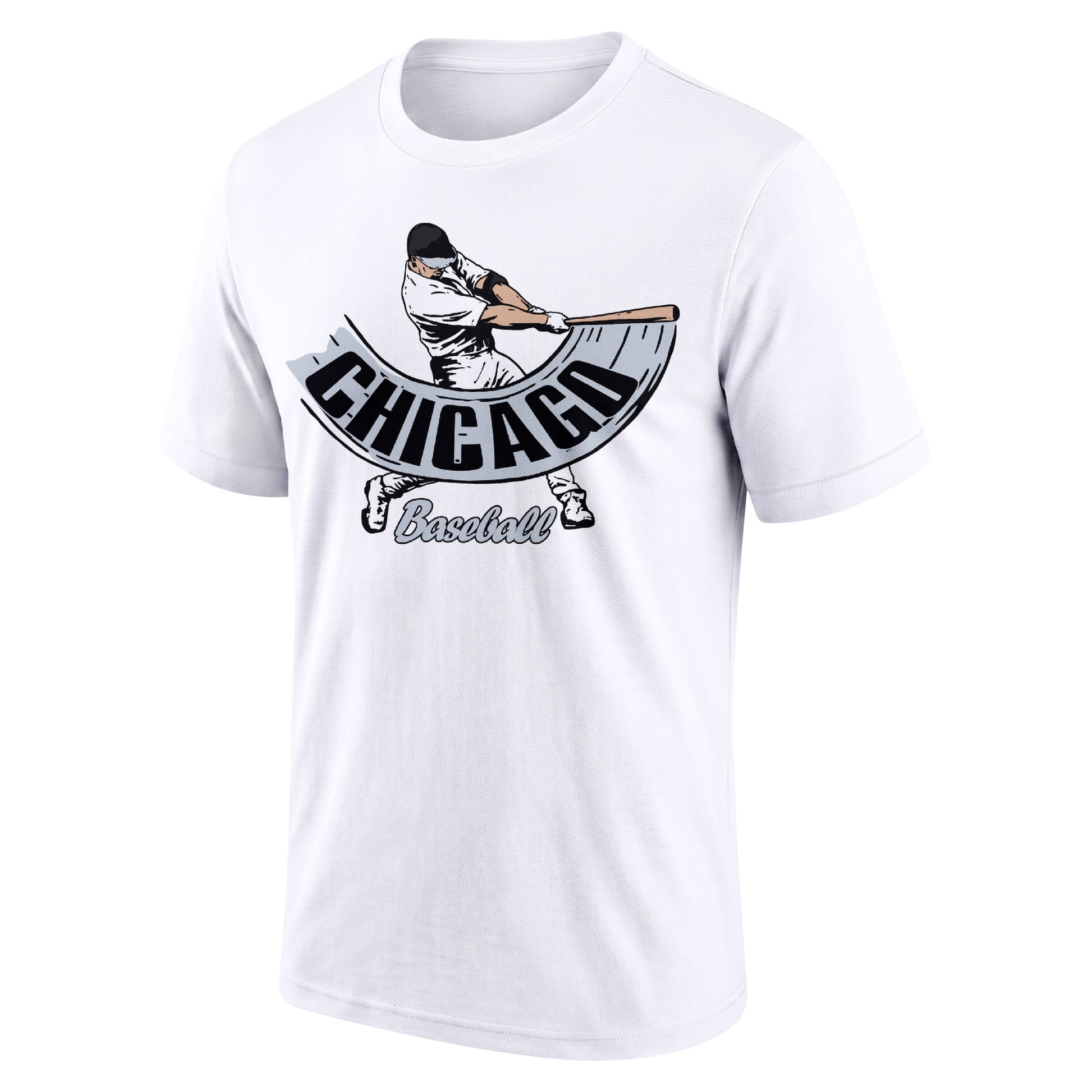 Chicago Black White adult baseball T shirt front view with city lettering baseball batter illustration and Baseball script