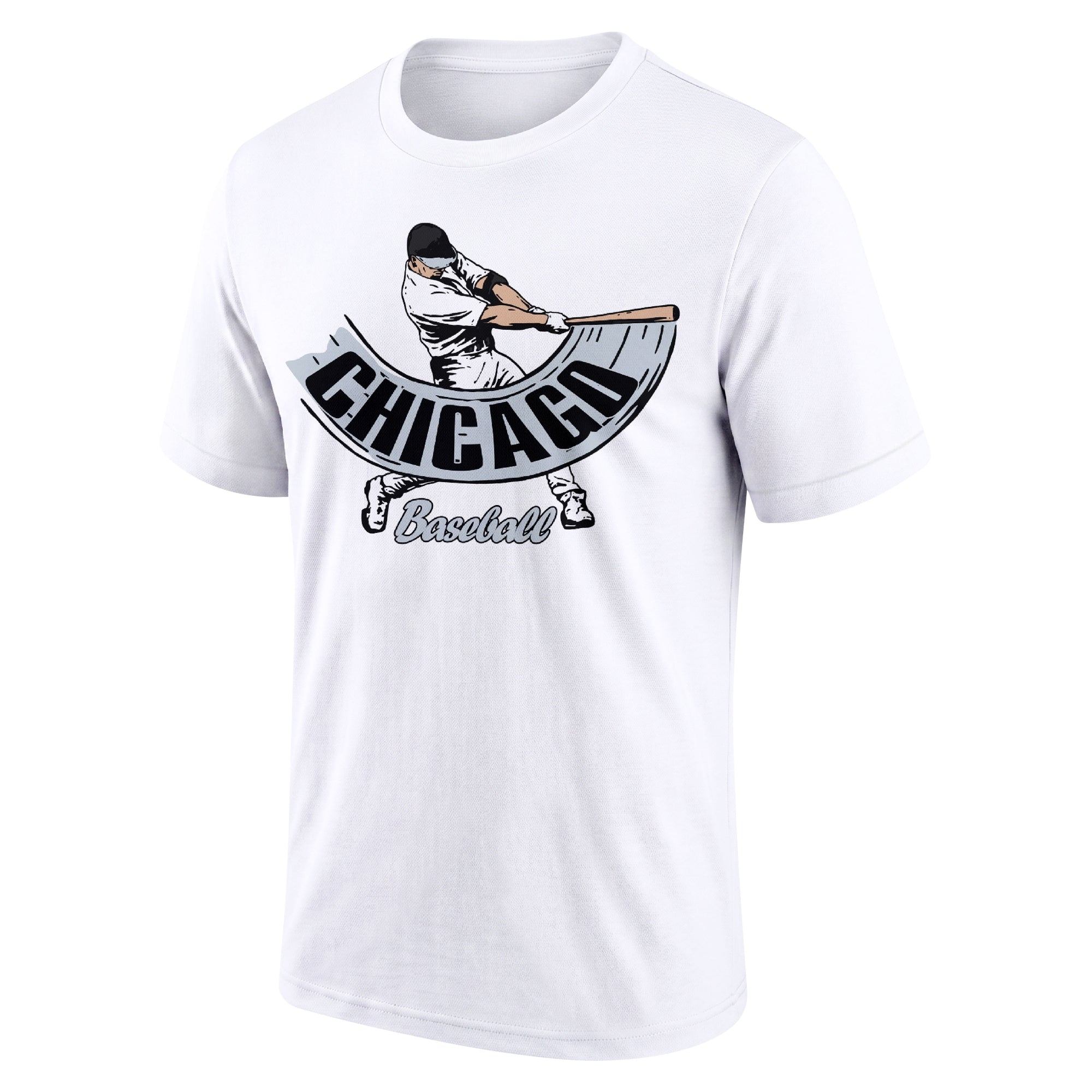 Chicago Black White adult baseball T shirt front view with city lettering baseball batter illustration and Baseball script