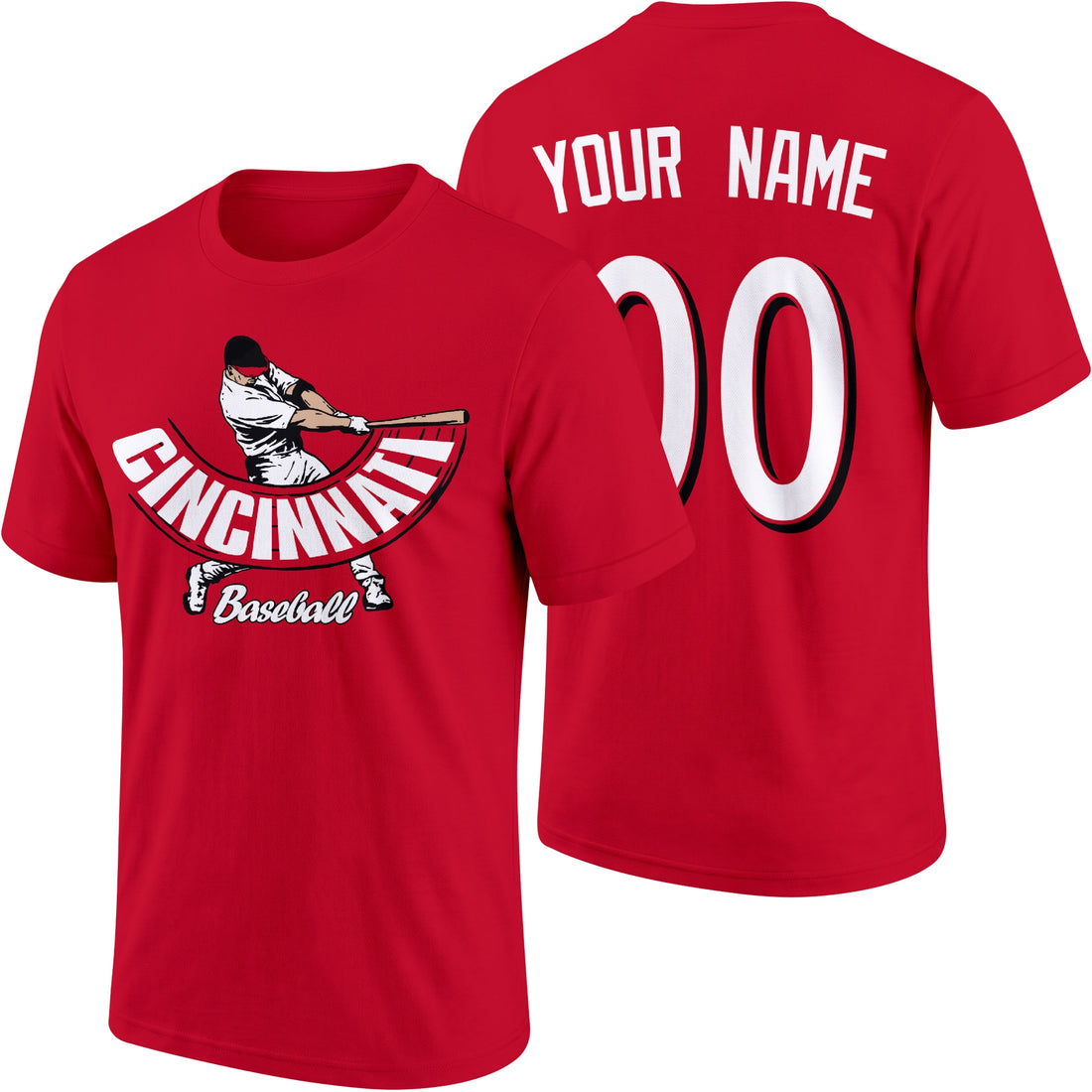 Cincinnati personalized adult baseball batter T shirt in Red showing front and back with custom name and number