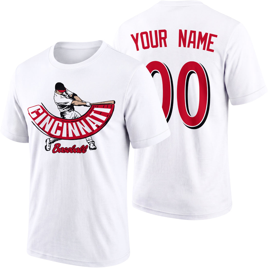 Cincinnati personalized adult baseball batter T shirt in Red showing front and back with custom name and number