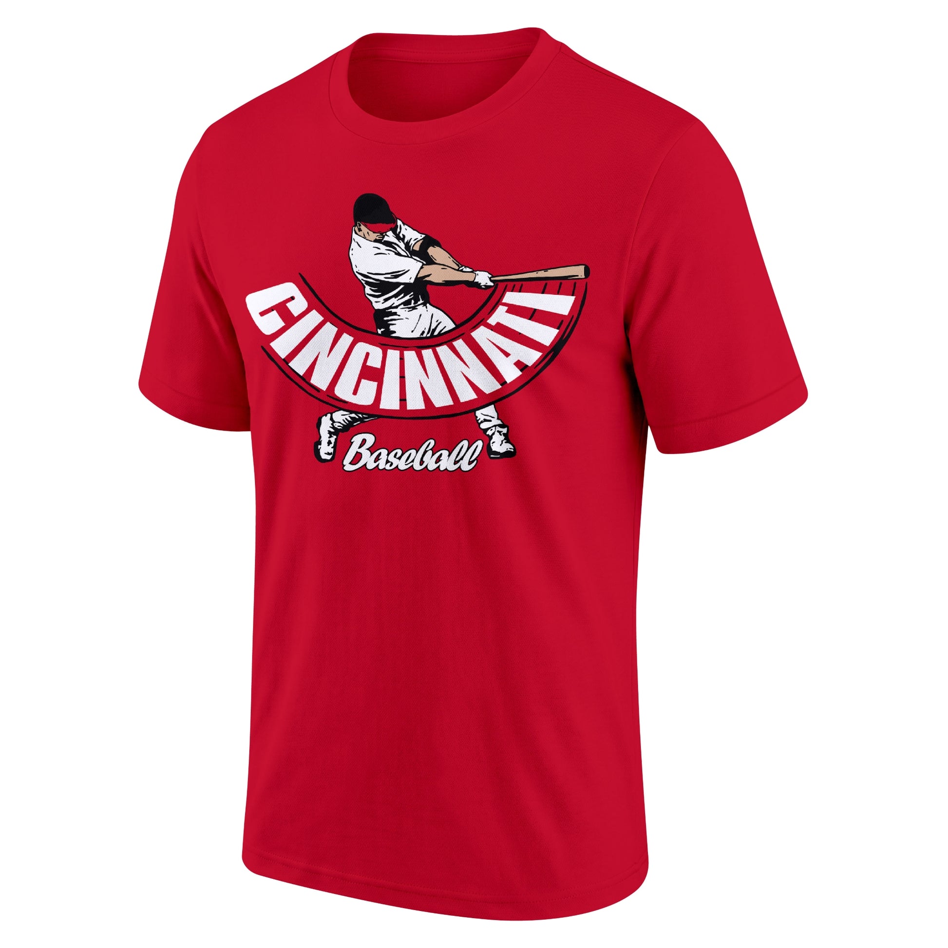 Cincinnati Red adult baseball T shirt front view with city lettering baseball batter illustration and Baseball script