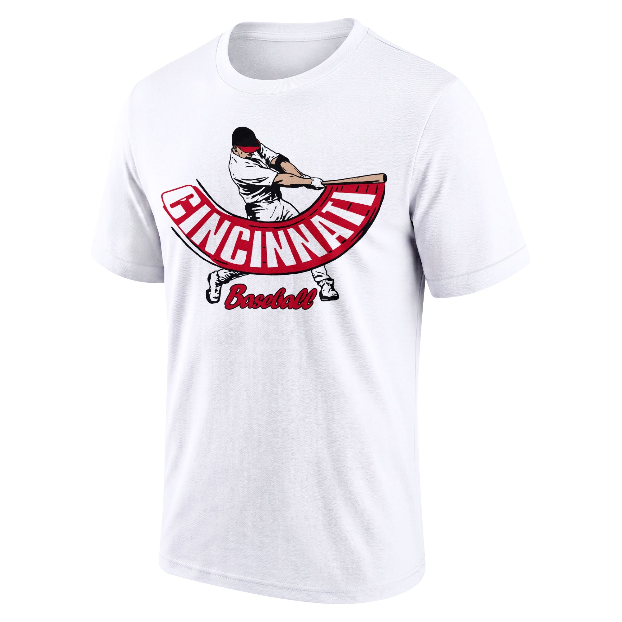 Cincinnati White adult baseball T shirt front view with city lettering baseball batter illustration and Baseball script