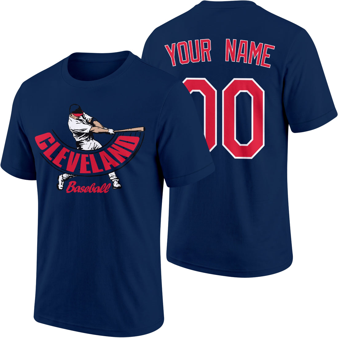 Cleveland personalized adult baseball batter T shirt in Navy showing front and back with custom name and number