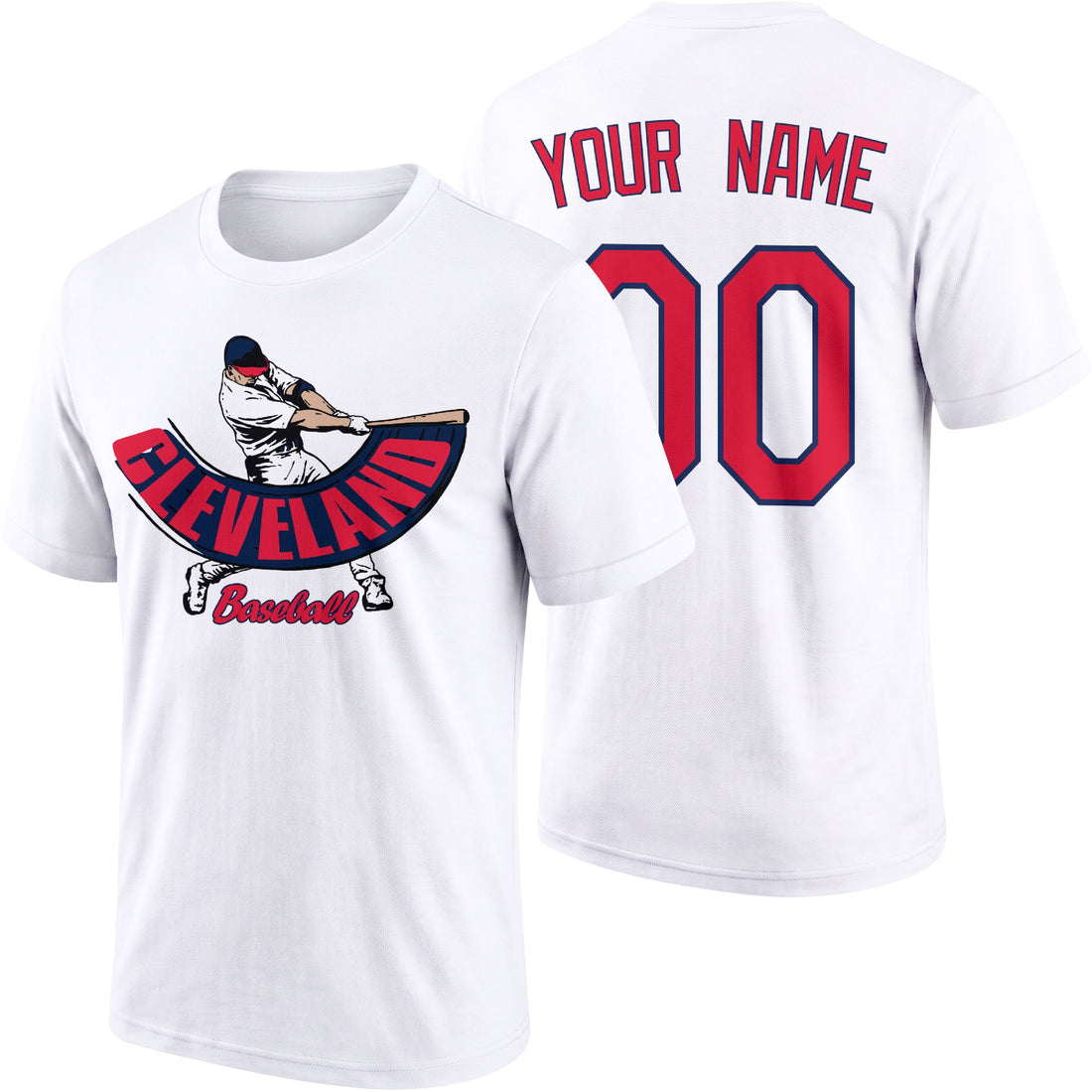 Cleveland personalized adult baseball batter T shirt in Navy showing front and back with custom name and number