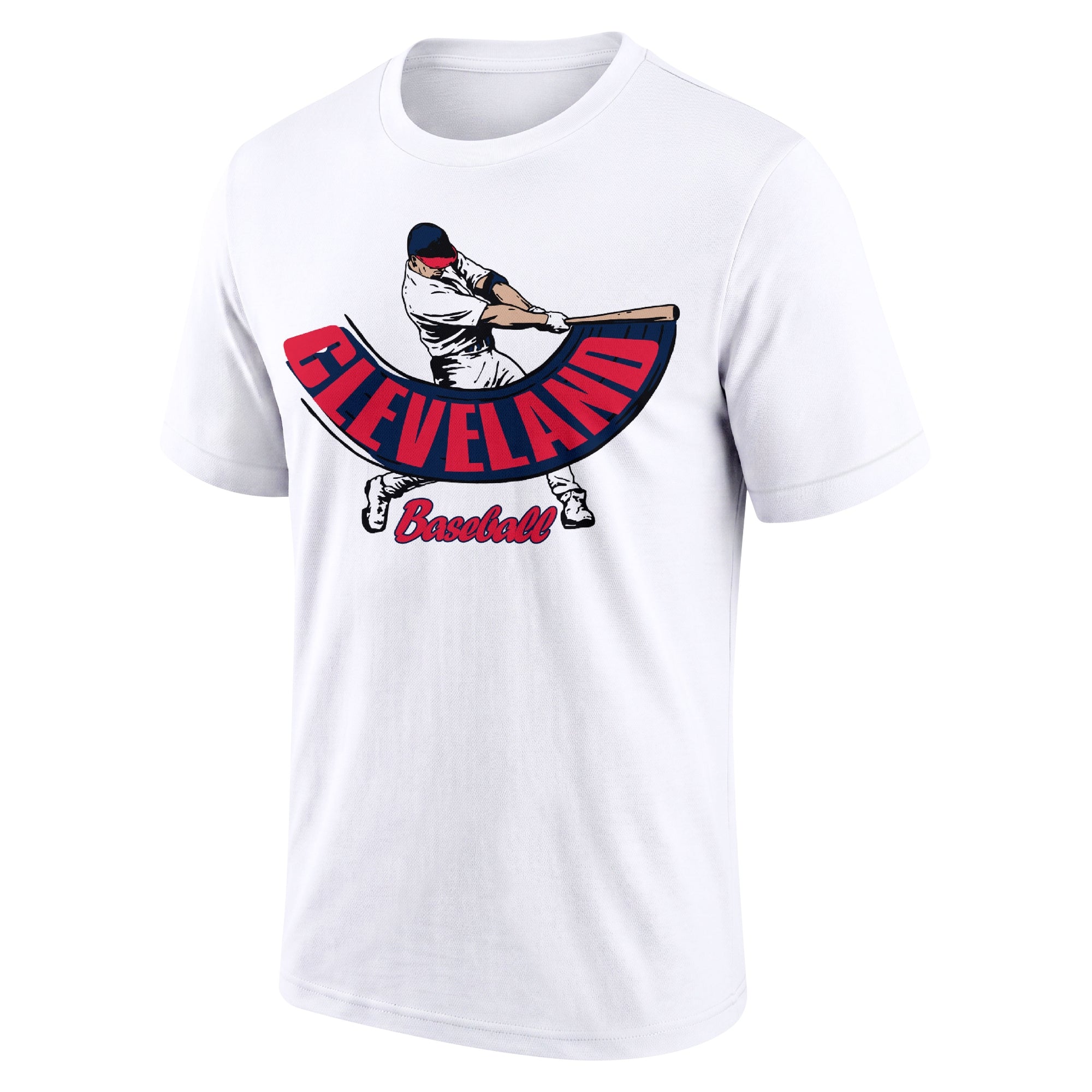 Cleveland White adult baseball T shirt front view with city lettering baseball batter illustration and Baseball script