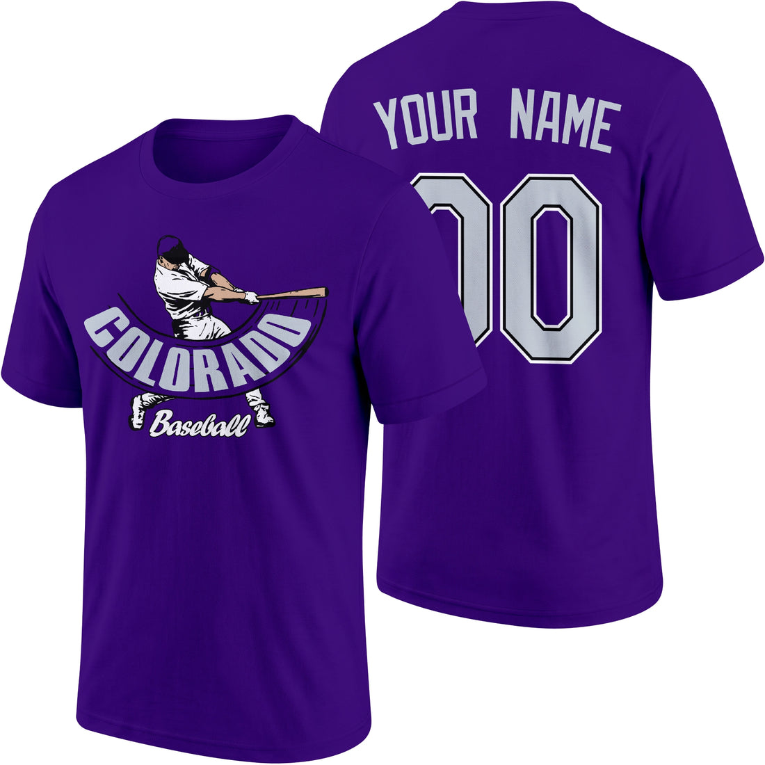 Colorado personalized adult baseball batter T shirt in Black showing front and back with custom name and number