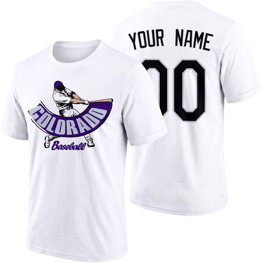 Colorado personalized adult baseball batter T shirt in Black showing front and back with custom name and number