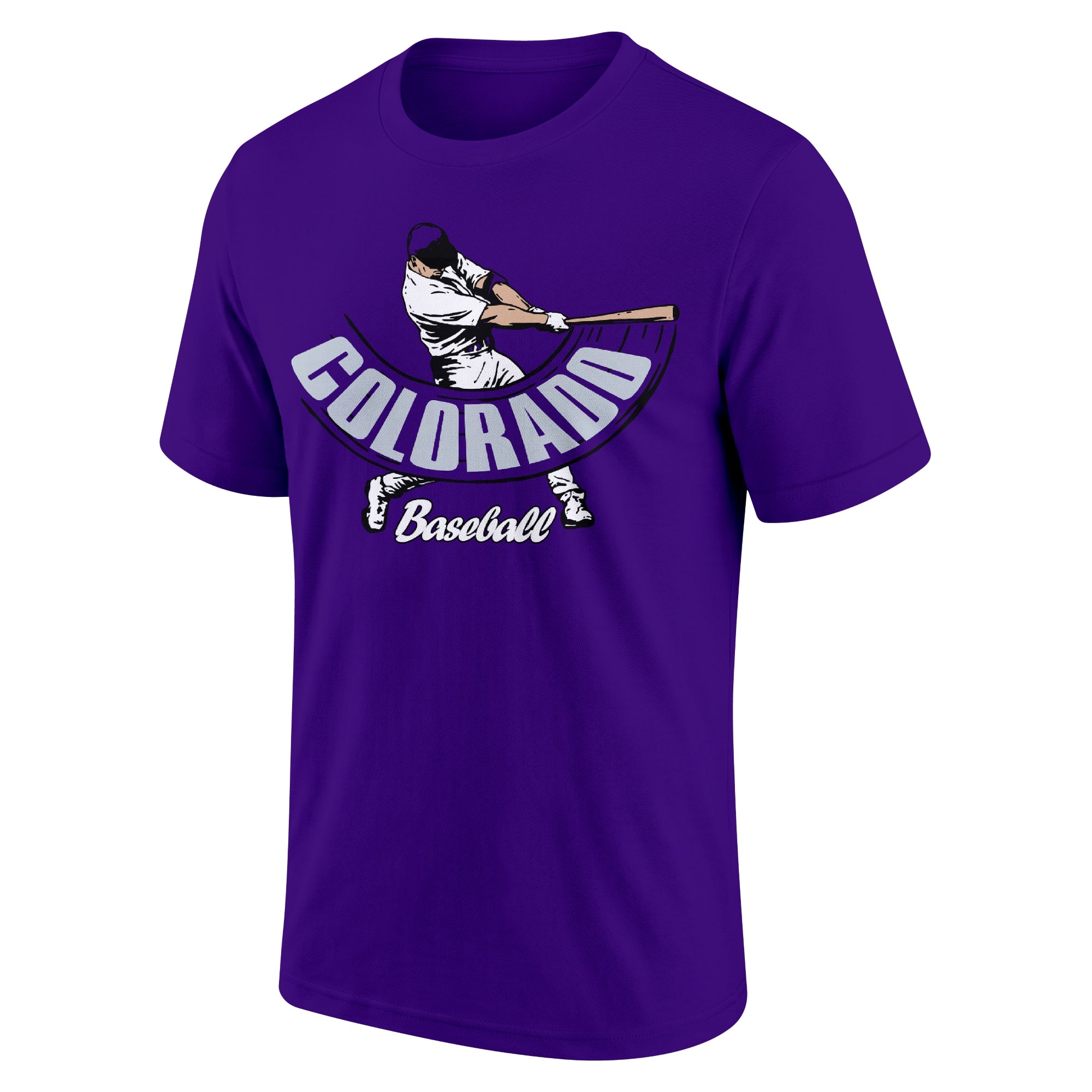 Colorado Black adult baseball T shirt front view with city lettering baseball batter illustration and Baseball script