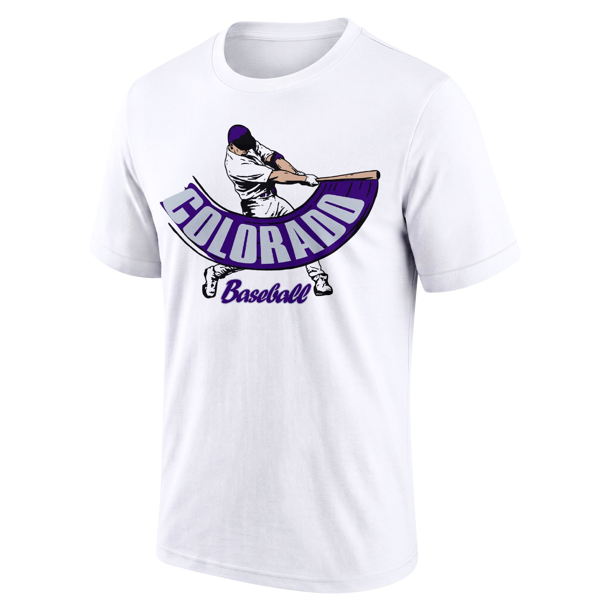 Colorado White adult baseball T shirt front view with city lettering baseball batter illustration and Baseball script