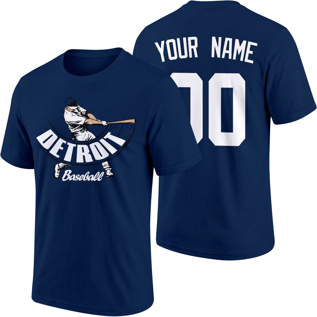 Detroit personalized adult baseball batter T shirt in Navy showing front and back with custom name and number