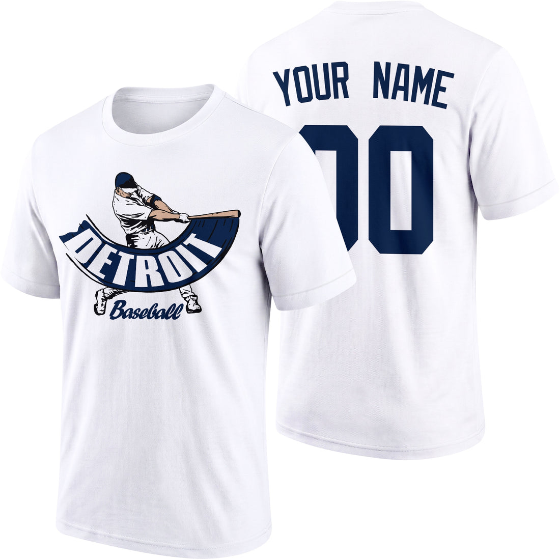 Detroit personalized adult baseball batter T shirt in Navy showing front and back with custom name and number
