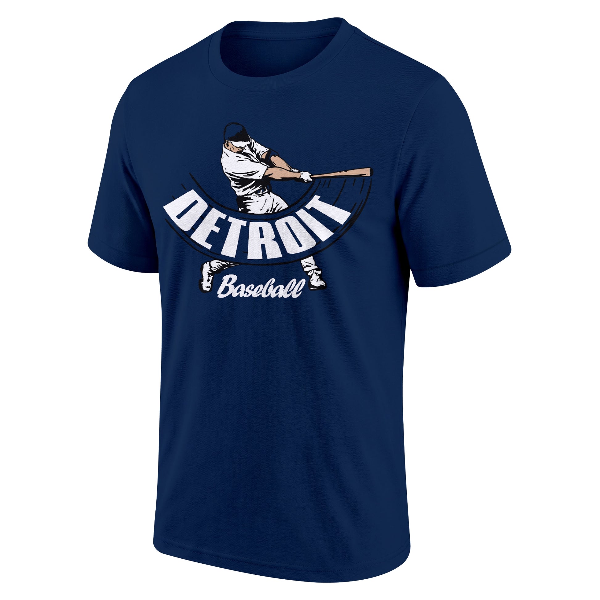 Detroit Navy adult baseball T shirt front view with city lettering baseball batter illustration and Baseball script