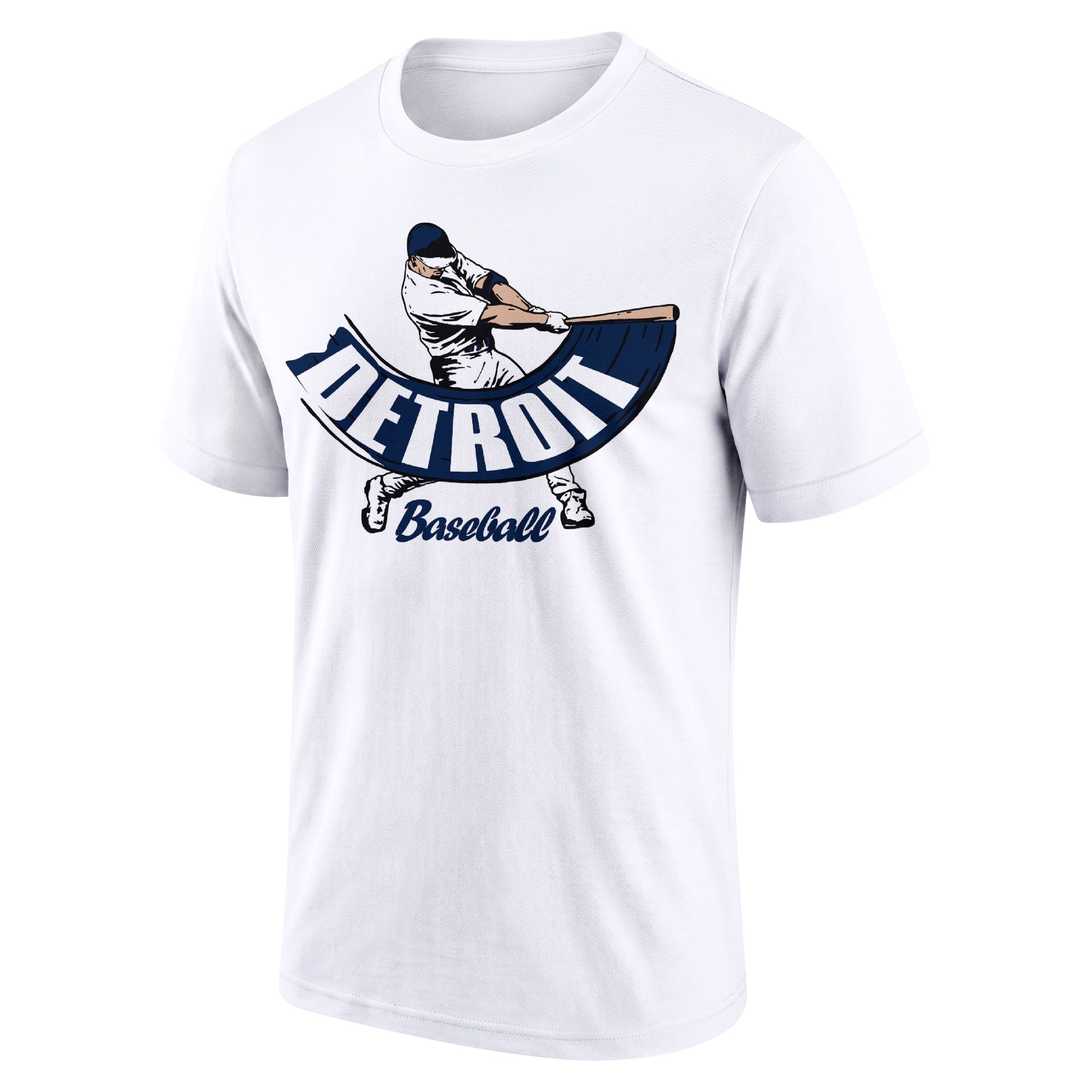 Detroit White adult baseball T shirt front view with city lettering baseball batter illustration and Baseball script