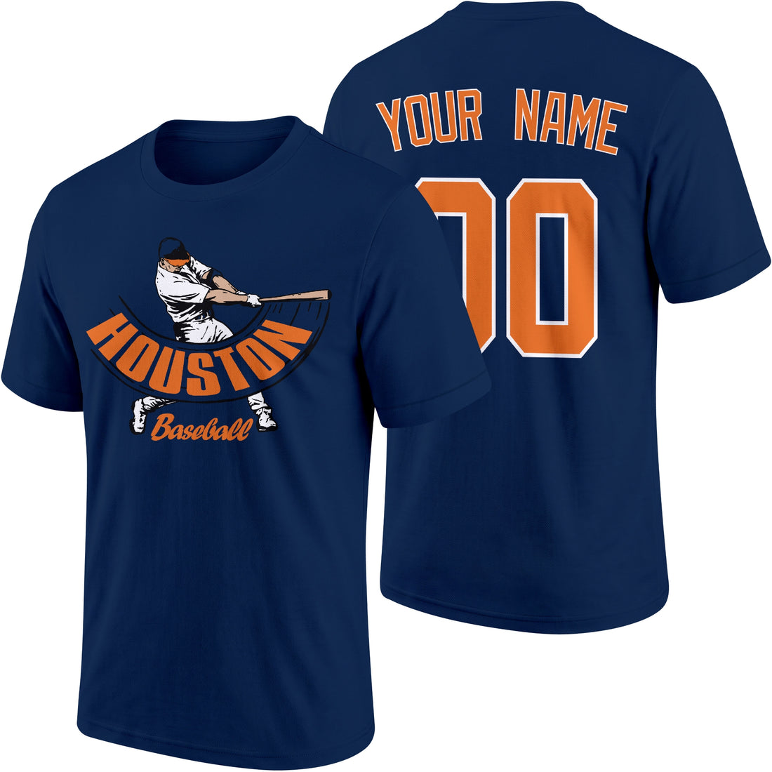 Houston personalized adult baseball batter T shirt in Navy showing front and back with custom name and number