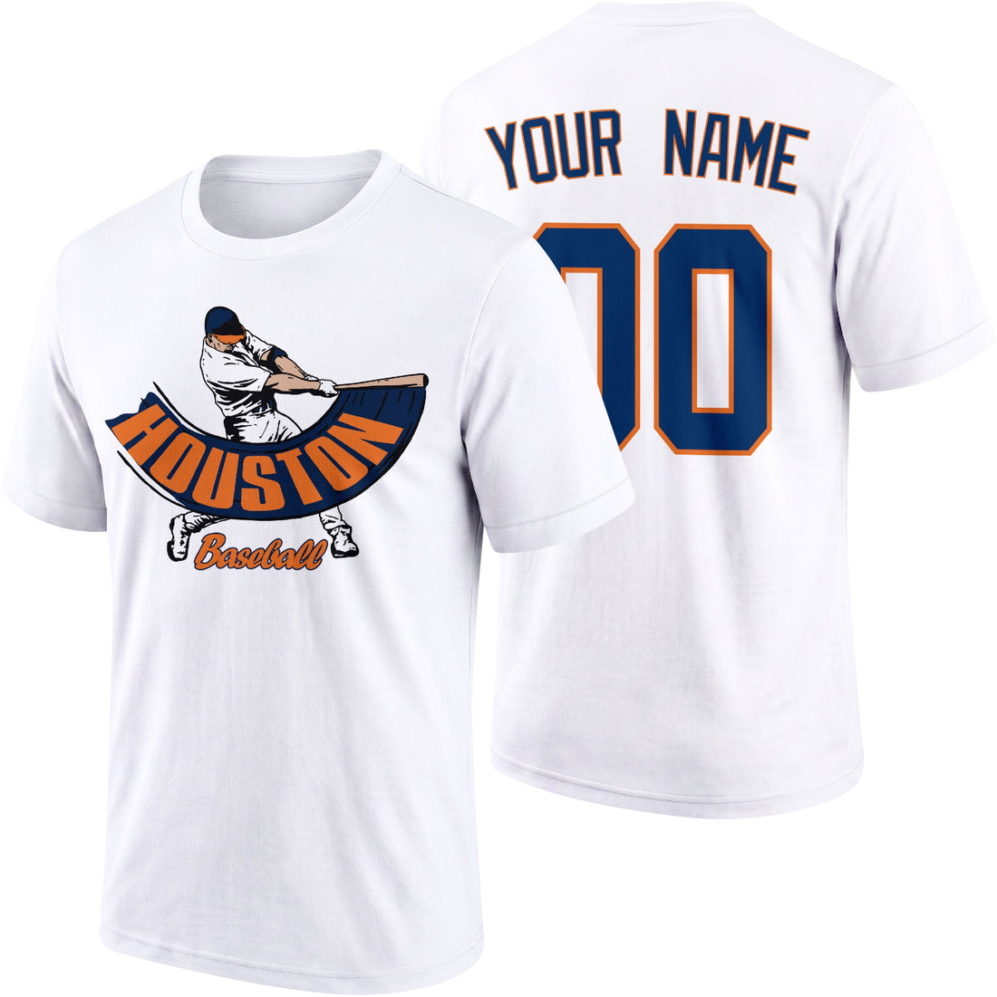 Houston personalized adult baseball batter T shirt in Navy showing front and back with custom name and number