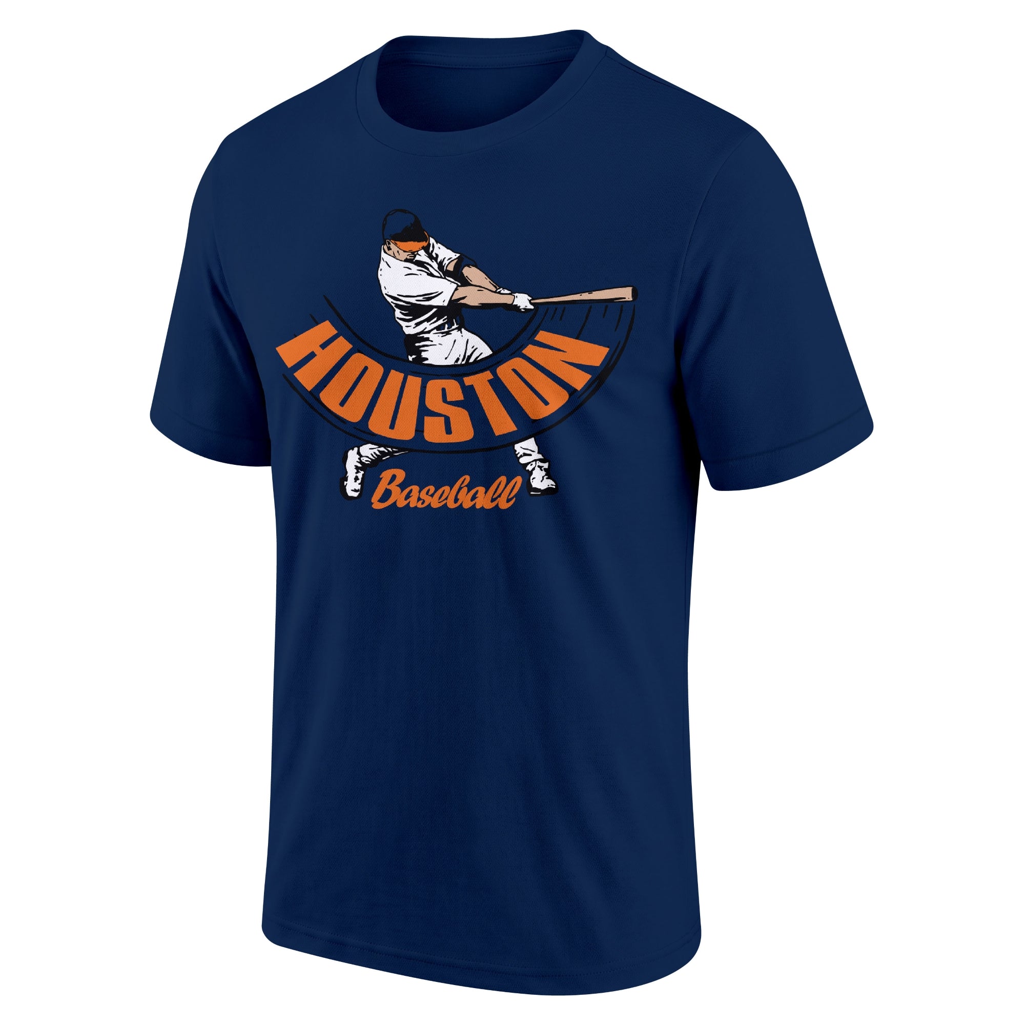 Houston Navy adult baseball T shirt front view with city lettering baseball batter illustration and Baseball script
