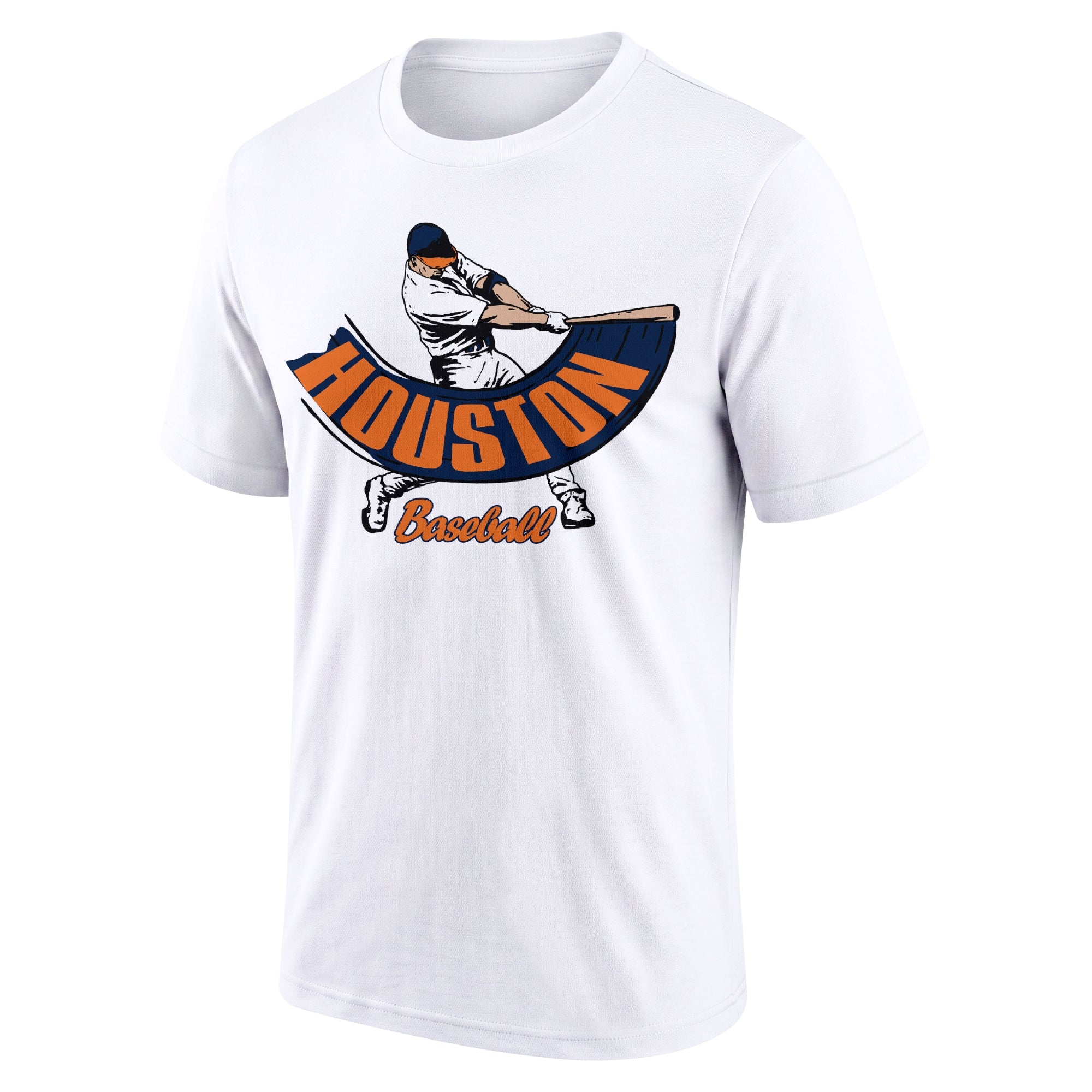 Houston White adult baseball T shirt front view with city lettering baseball batter illustration and Baseball script