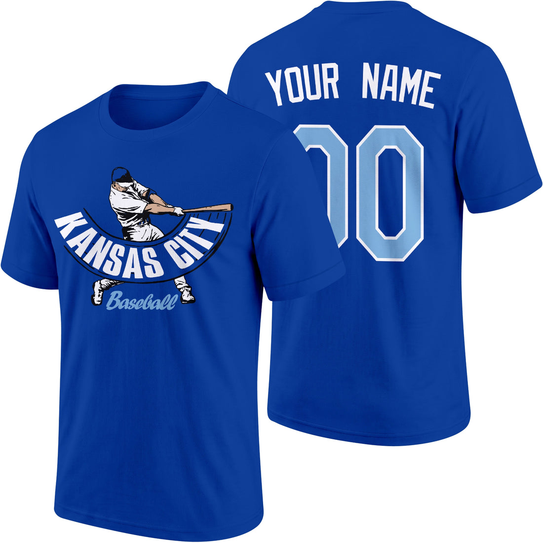 Kansas City personalized adult baseball batter T shirt in Royal showing front and back with custom name and number