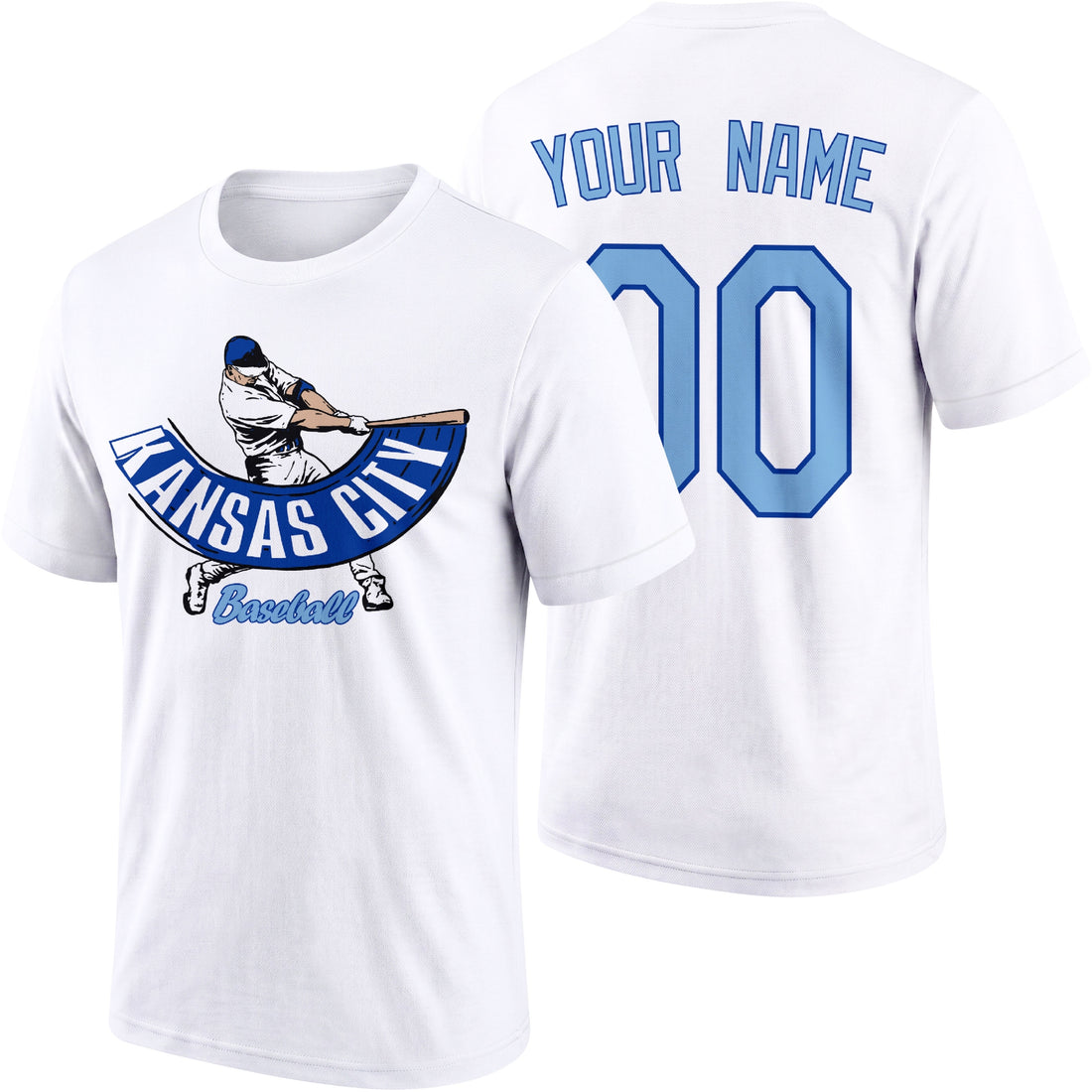 Kansas City personalized adult baseball batter T shirt in Royal showing front and back with custom name and number