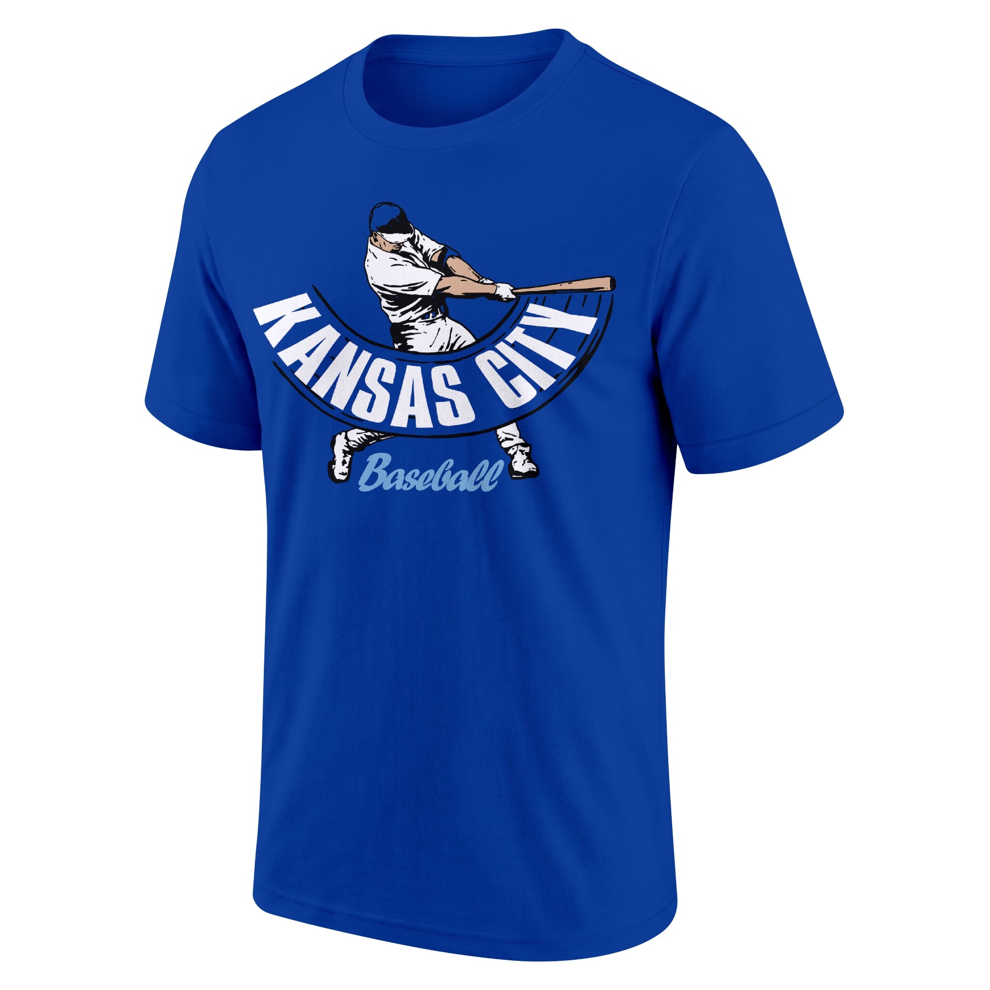 Kansas City Royal adult baseball T shirt front view with city lettering baseball batter illustration and Baseball script