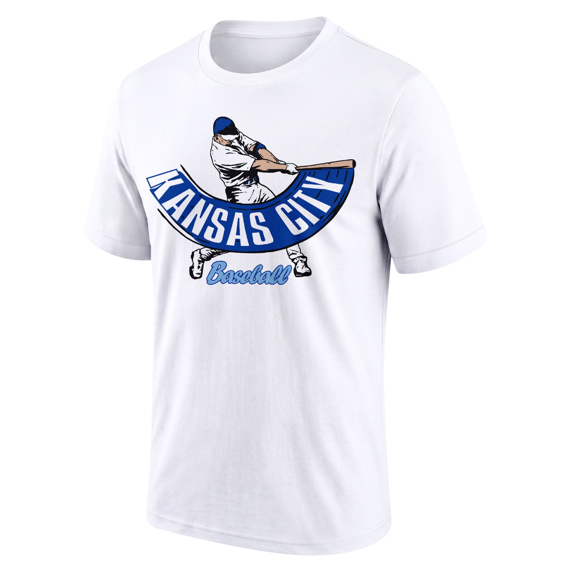 Kansas City White adult baseball T shirt front view with city lettering baseball batter illustration and Baseball script