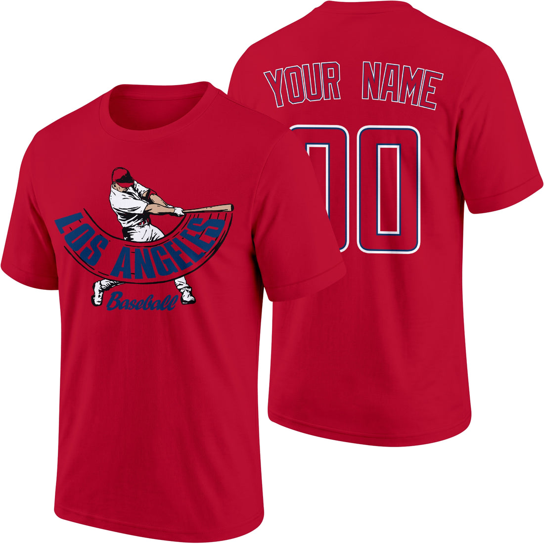 Los Angeles Red personalized adult baseball batter T shirt in Red showing front and back with custom name and number