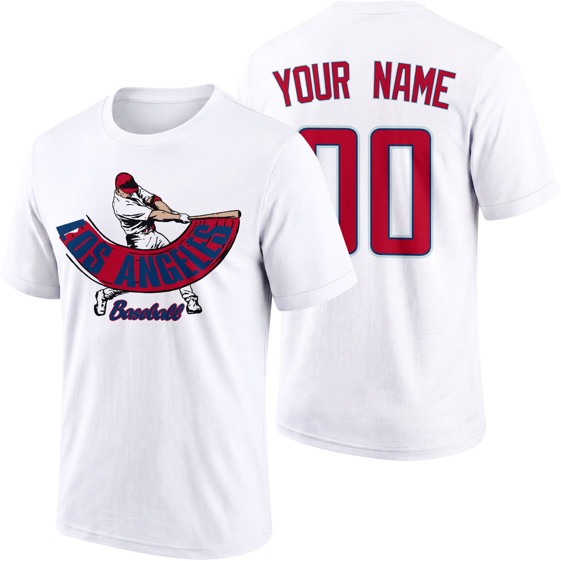 Los Angeles Red personalized adult baseball batter T shirt in Red showing front and back with custom name and number